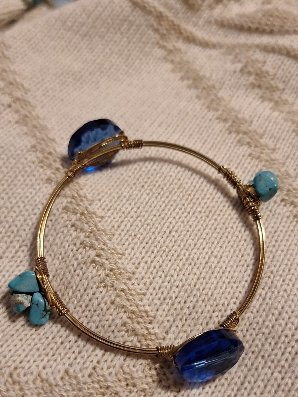 Gold Colour Wire Bangle Bracelet with Blue Crystal and Turquoise Beads